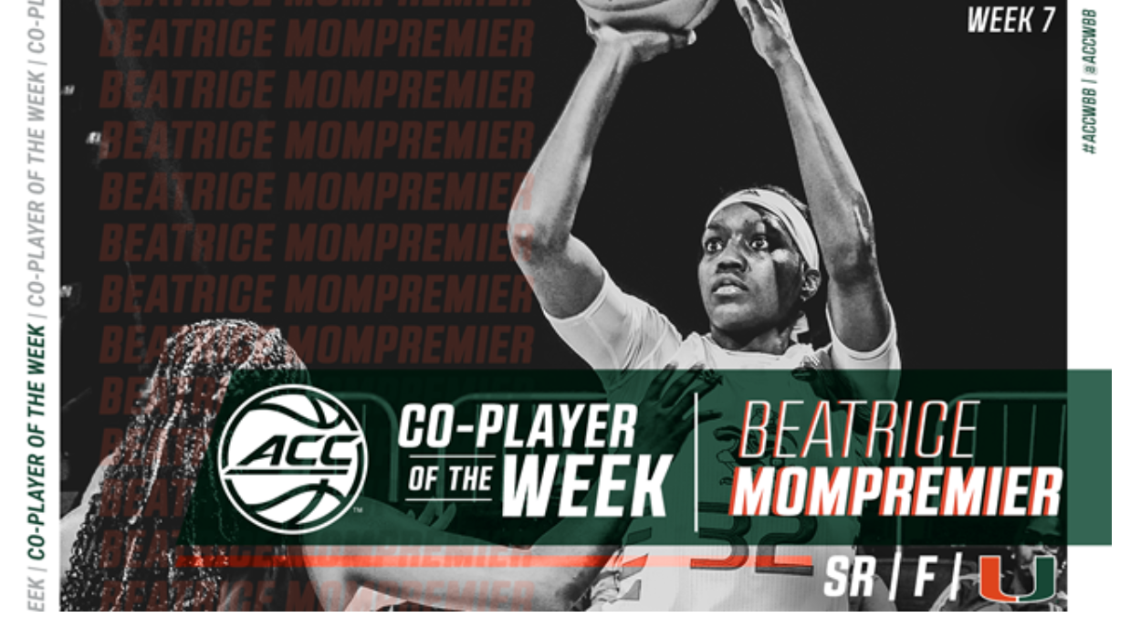 Miami’s Mompremier Earns ACC Women’s Basketball Weekly Honors